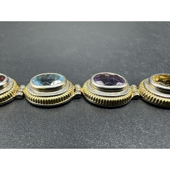 Sterling Silver 14k Gold Multi Gemstone Bracelet 7.25"~Garnet~Citrine~Amethyst - Picture 7 of 11